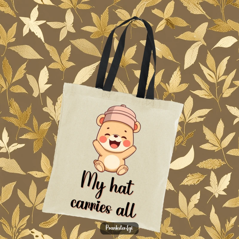 Funny tote bag showcasing a bear cub humorously wearing a bucket on its head while erupting in gleeful, uncontrollable giggles.