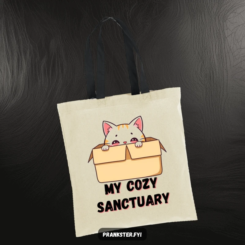 Funny tote bag featuring a delighted cat character hiding shyly in a box, eyes visible.