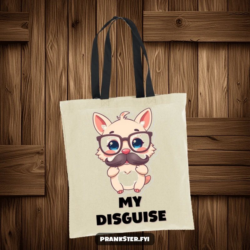 Funny tote bag featuring a delighted animal character in oversized glasses and holding a fake mustache, ready for clever adventures.