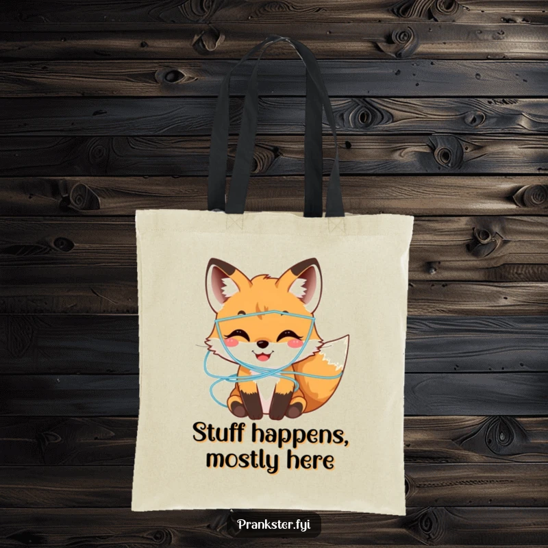 Funny Tote Bag featuring a smiling fox cub playfully adorned with silly string, adding a touch of whimsical fun.