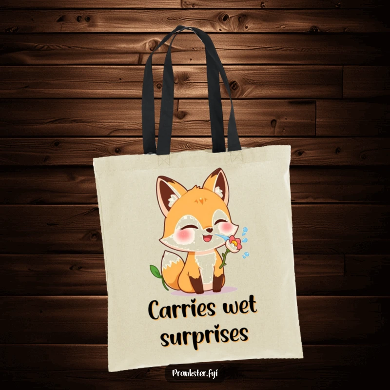 Funny fox tote bag with a giggling character winking and squirting water from a flower, perfect for carrying fun.