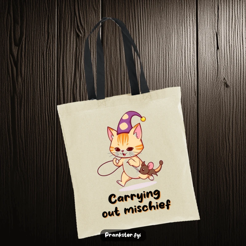 Funny jester cat tote bag with a cat in a hat tripping a mouse with a string, perfect for stylish carrying.