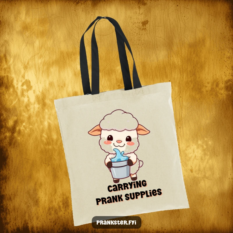 Funny Kawaii Sheep Tote Bag: A mischievous sheep grins, holding a bucket of water, ready to carry your prank supplies.