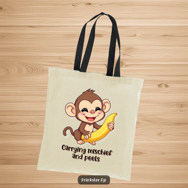 Funny monkey tote bag showing a mischievous monkey about to flick a banana peel, symbolizing playful antics and lightheartedness.