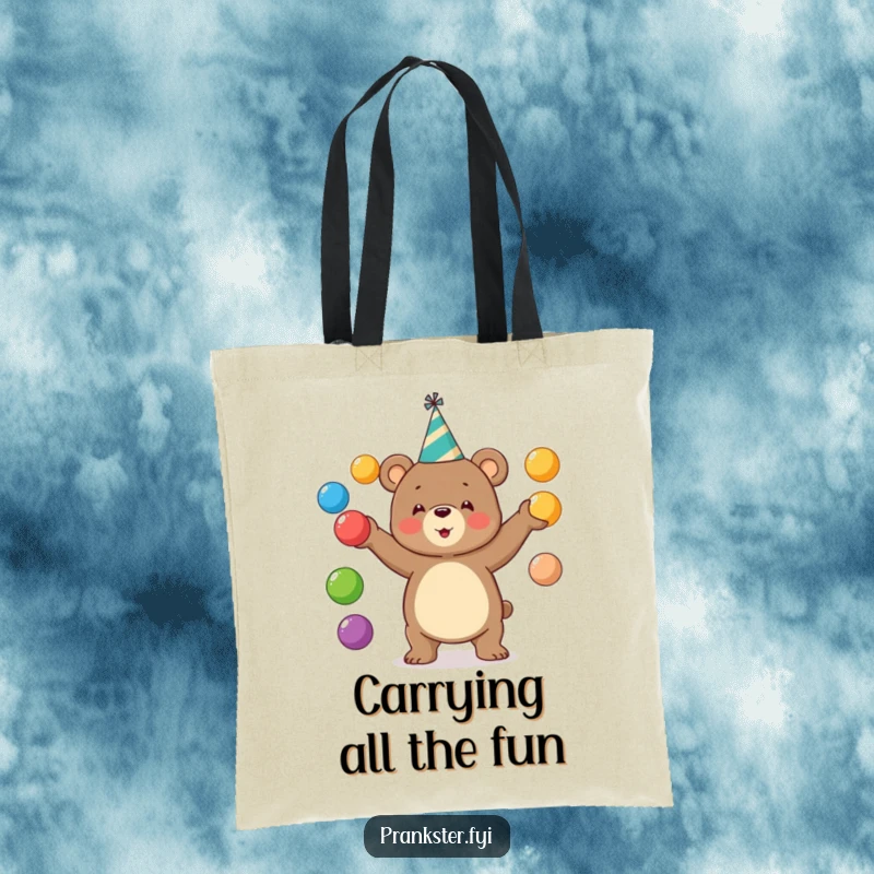 Funny bear tote bag with a bear in a party hat juggling balls. Ideal for party-goers. A fun gift.