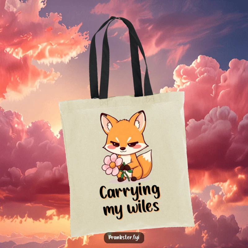 Funny tote bag with a sly fox wiggling its eyebrows and holding a fake flower, ideal for carrying secrets.