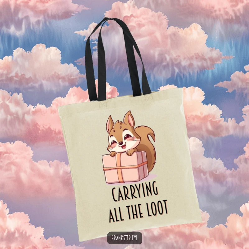 Funny tote bag showcasing a giggling squirrel character hiding behind a large, unwrapped gift, perfect for carrying essentials humorously.