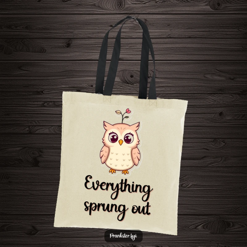 Funny tote bag featuring a wide-eyed, surprised owl with a spring popping from its hat, ideal for carrying daily necessities humorously.