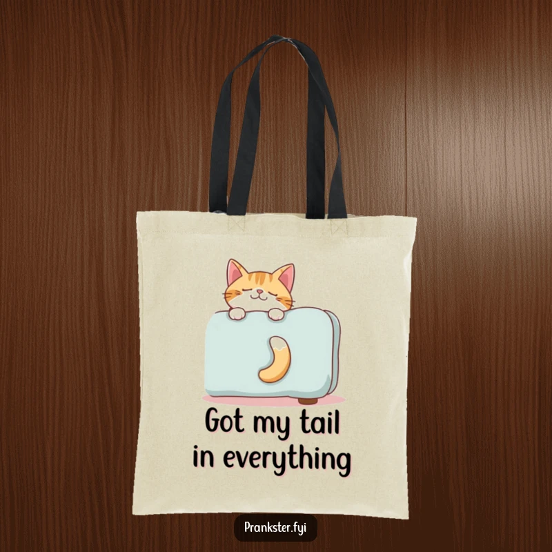 Funny tote bag illustrating a giggling cat's tail peeking from behind a sofa, highlighting playful hide-and-seek.