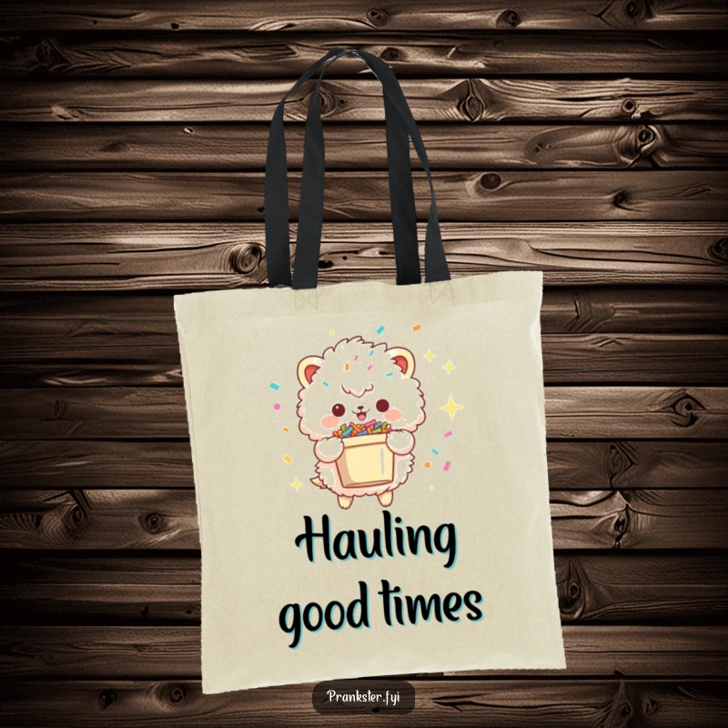 Funny tote bag depicting a fluffy creature with a mischievous sparkle, holding a bucket of confetti, great for carrying essentials and spreading cheer.