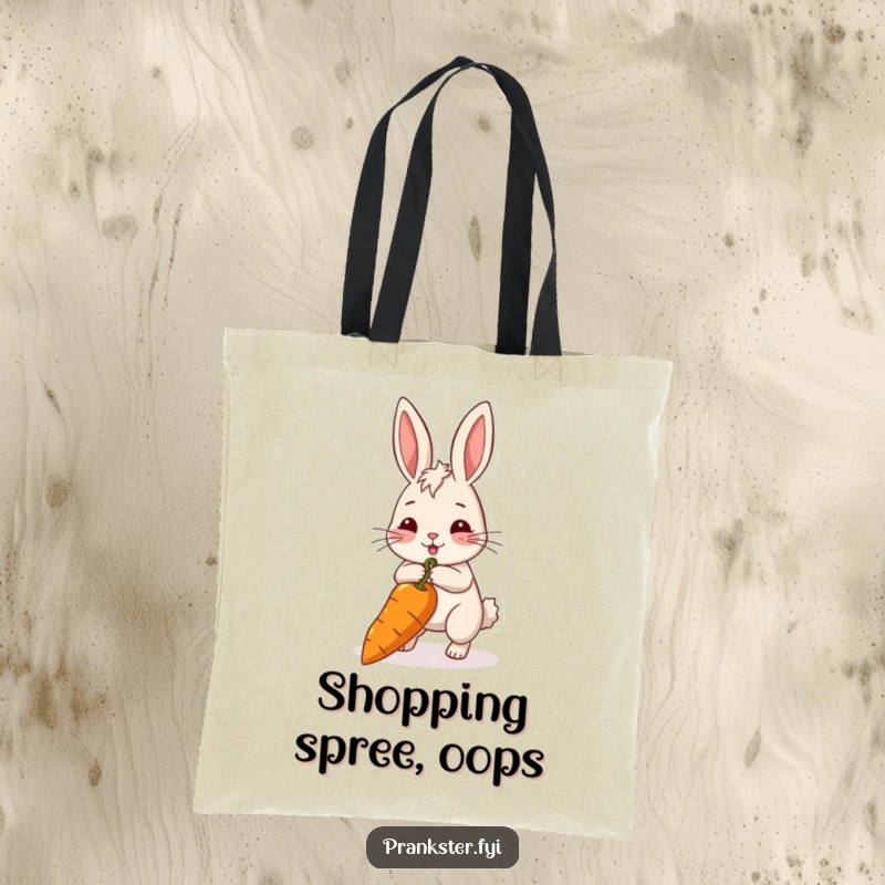 Funny rabbit tote bag with a rabbit pulling a long string attached to a carrot. Ideal for go-getters. A fun gift.
