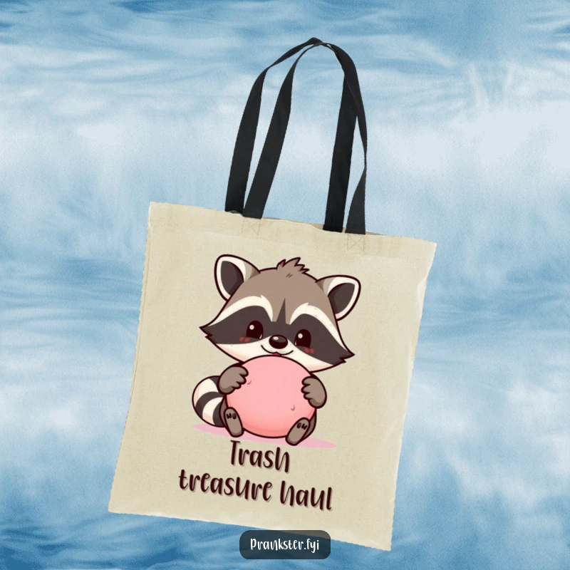 Funny tote bag featuring a proud raccoon character holding a whoopee cushion, perfect for carrying everyday items with a humorous twist.