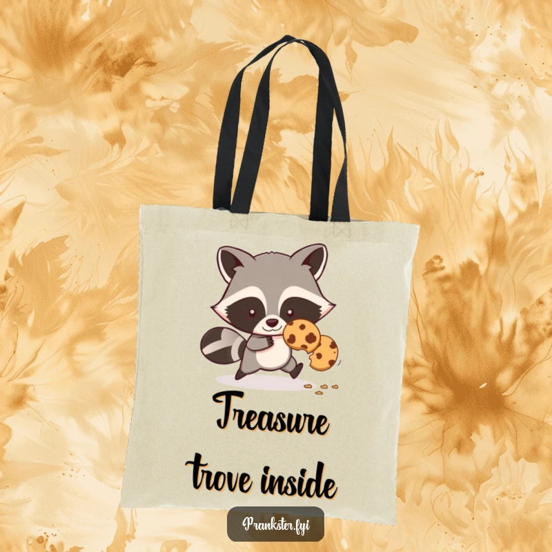 Funny tote bag showcasing a sly cartoon raccoon pilfering a cookie, leaving a trail of crumbs behind.